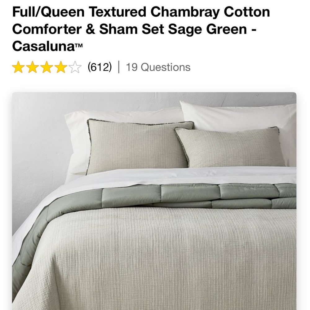 CASALUNA FULL/QUEEN TEXTURED CHAMBRAY COTTON COMFORTER & SHAM SET SAGE GREEN